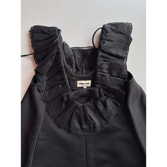 SHUSHU/TONG Black Duchess Satin Organza Ruffle U-Neck Mini Swing Dress, Size 4 - Picture 6 of 16